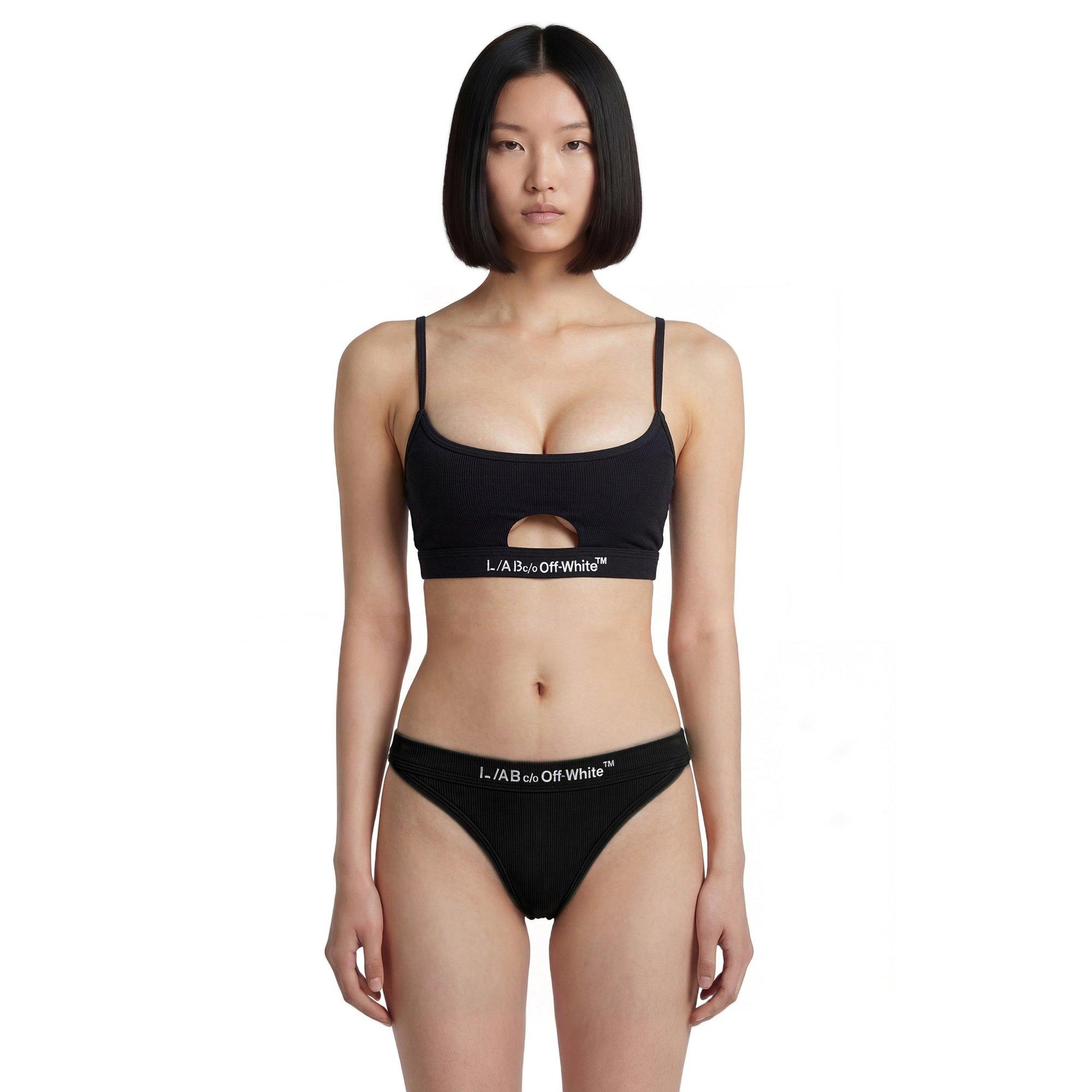 L/AB c/o Off-White Women's Ribbed Texture Solid Scoop Neck Keyhole Bikini Top - Black - BLACK